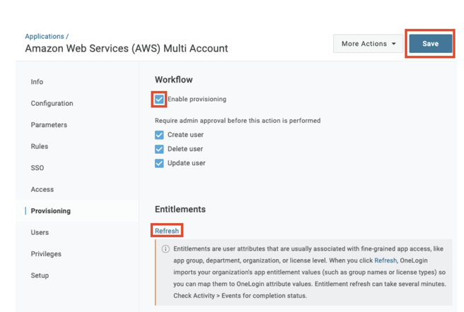 OneLogin admin - Provisioning - Refresh entitlements (screenshot)