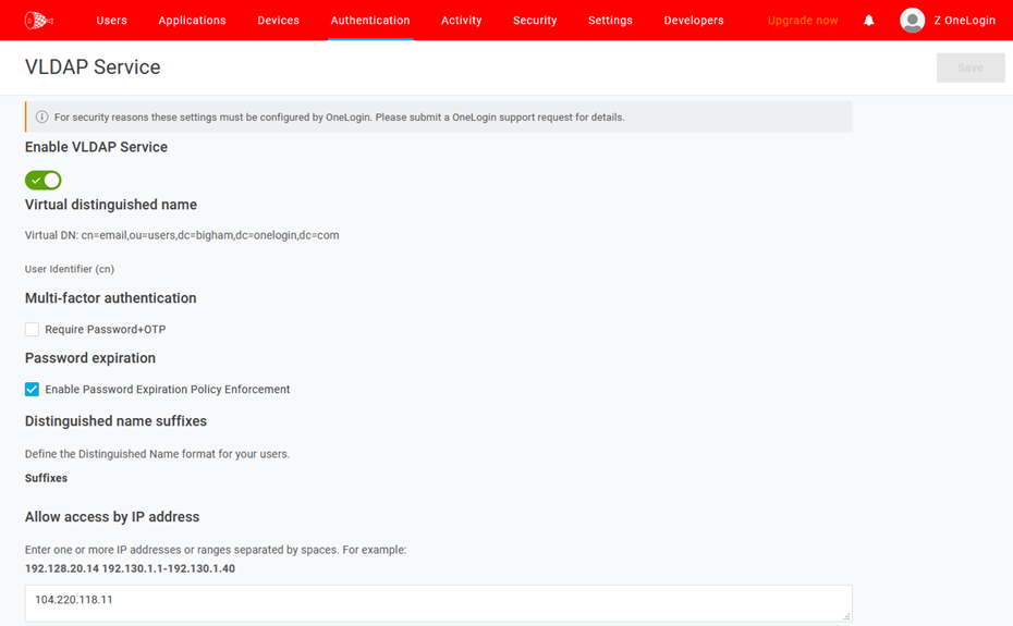 screenshot of sample configuration utilizing email as the DN