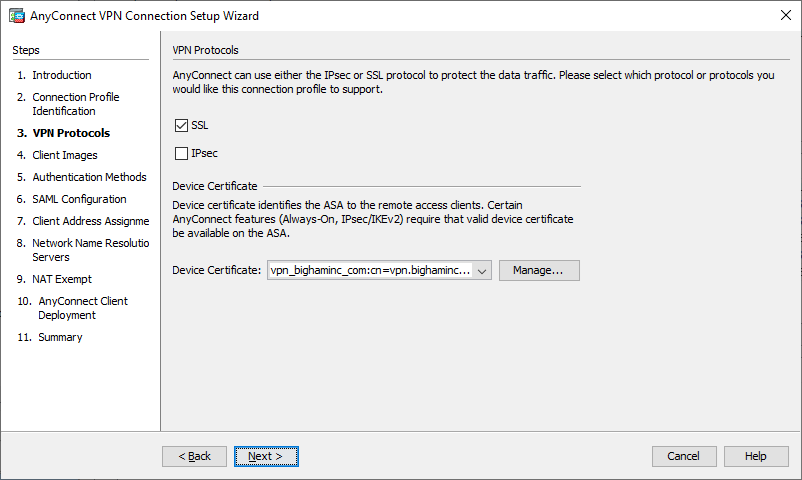 screenshot of AnyConnect VPN Connection Setup Wizard VPN Protocols screen