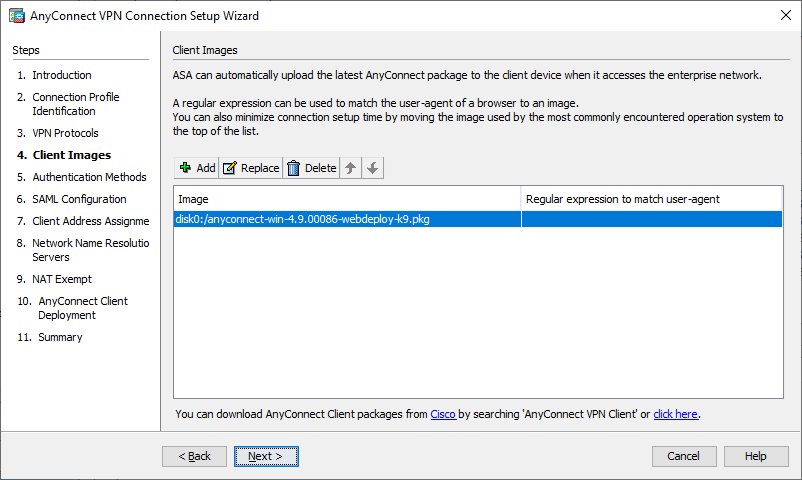 screenshot of AnyConnect VPN Connection Setup Wizard Client Images screen