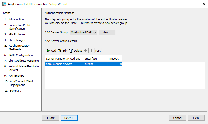 screenshot of AnyConnect VPN Connection Setup Wizard Authentication Method screen