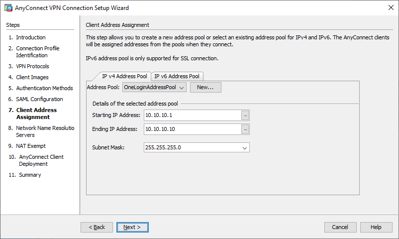 screenshot of AnyConnect VPN Connection Setup Wizard Client Address screen