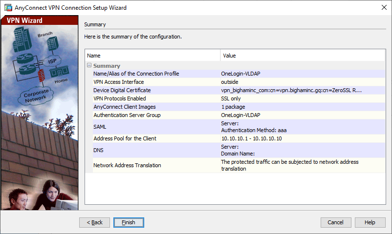 screenshot of AnyConnect VPN Connection Setup Wizard Summary screen