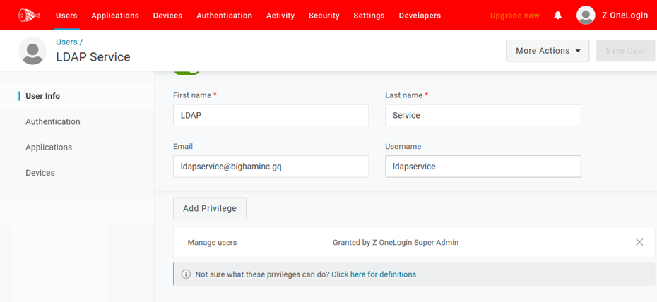 screenshot of sample user with a privilege assigned