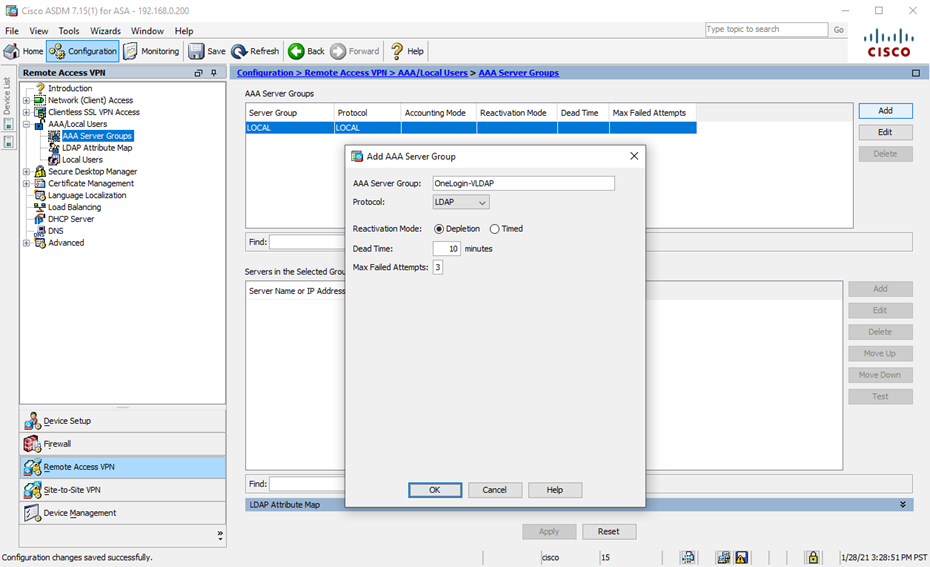 screenshot of Cisco ASDM Add AAA Server Group popup