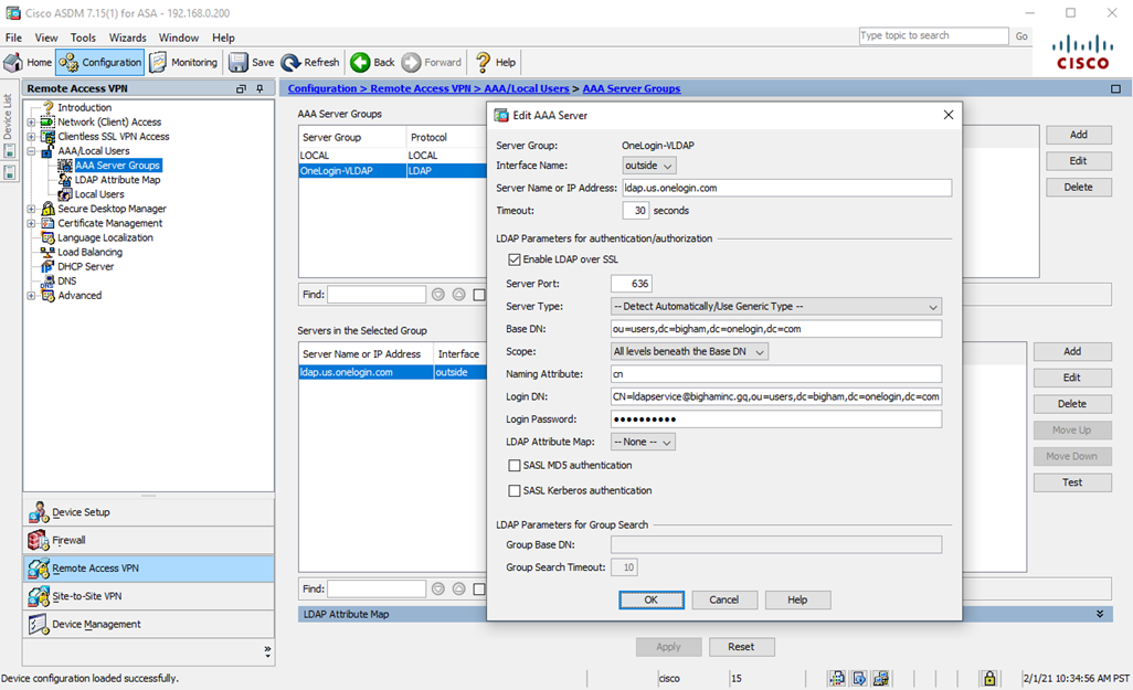 screenshot of sample configuration utilizing the US region and email as the OneLogin VLDAP DN value