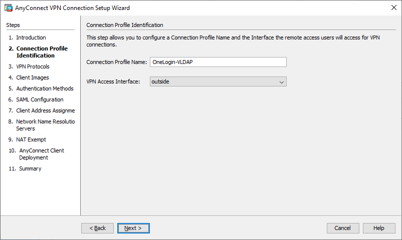 screenshot of AnyConnect VPN Connection Setup Wizard Connection Profile Identification screen
