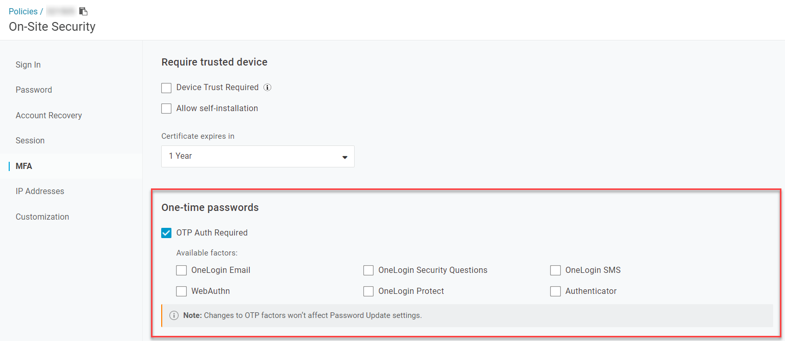 User Policy MFA - One-Time Passwords