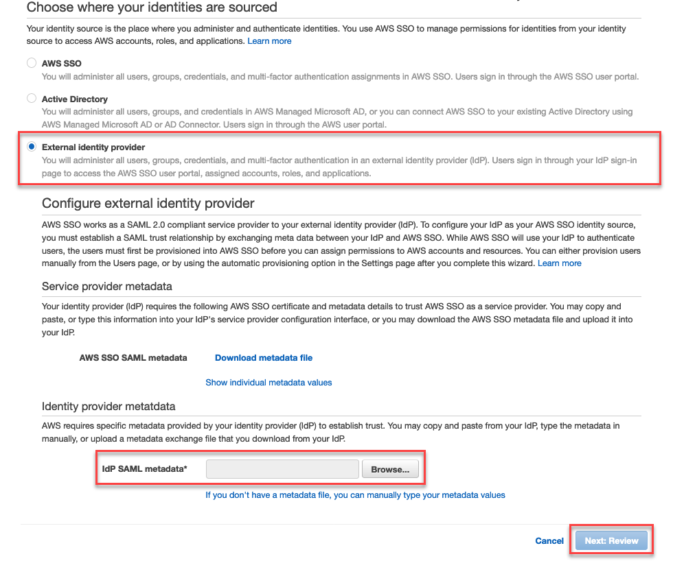 AWS Management Console - Upload external identity provider (screenshot)