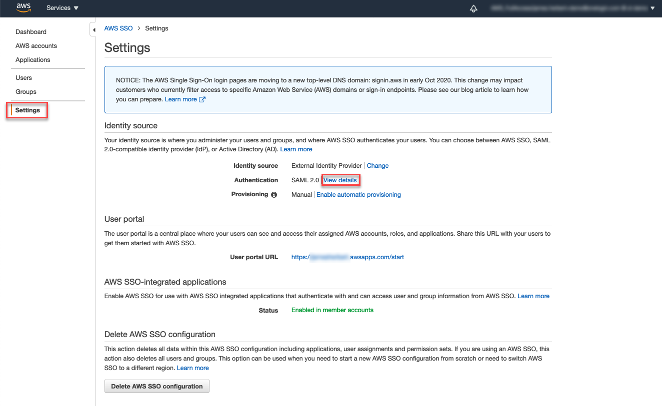AWS Management Console - Settings - View Authentication Details (screenshot)