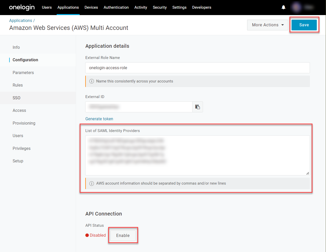 OneLogin Admin Portal - AWS Configuration