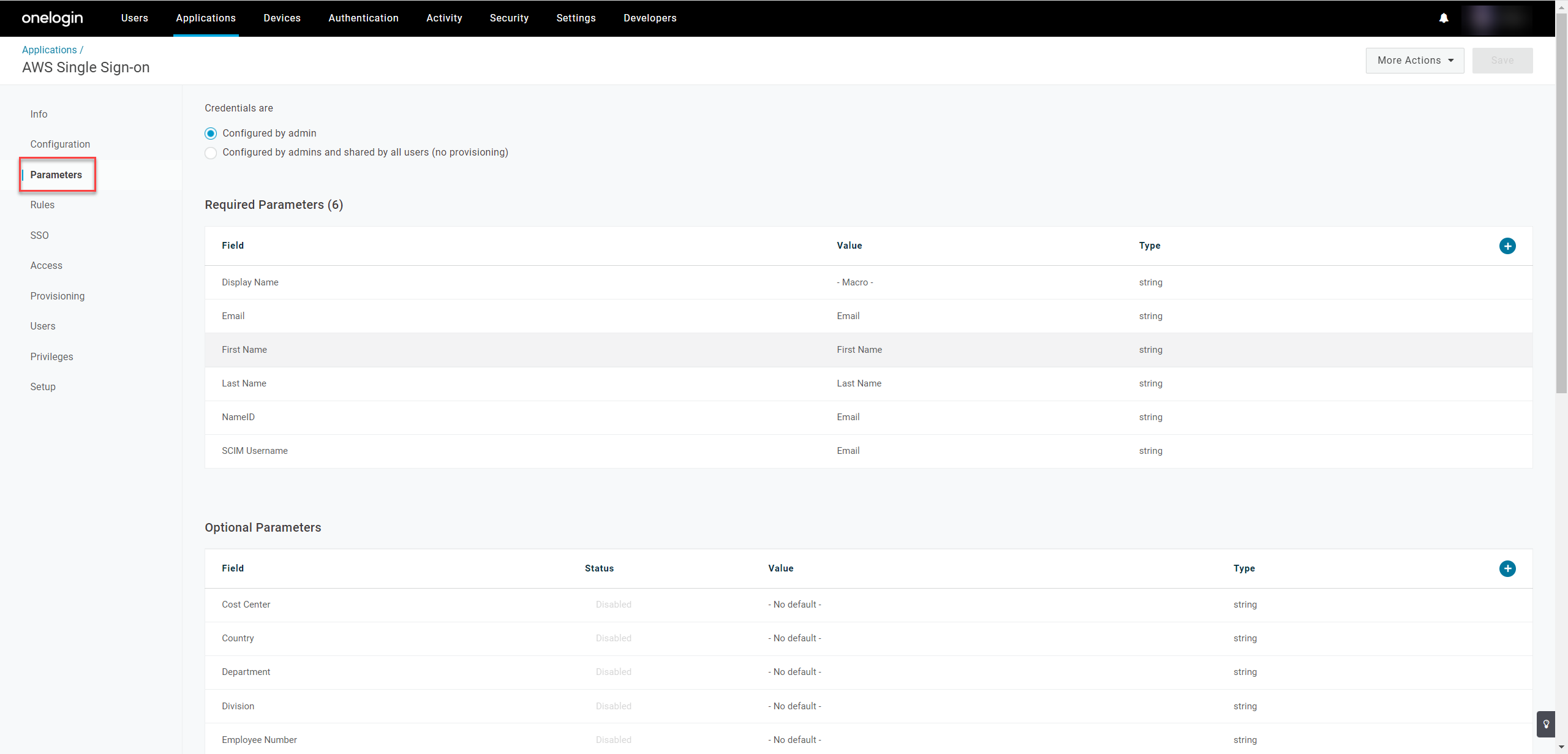 AWS Application - Parameters (screenshot)
