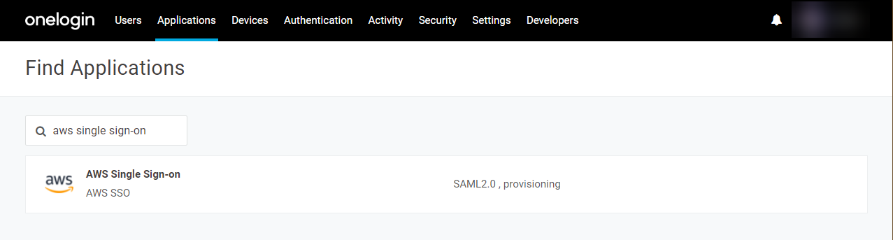 Find Applications - AWS Single Sign-on (screenshot)