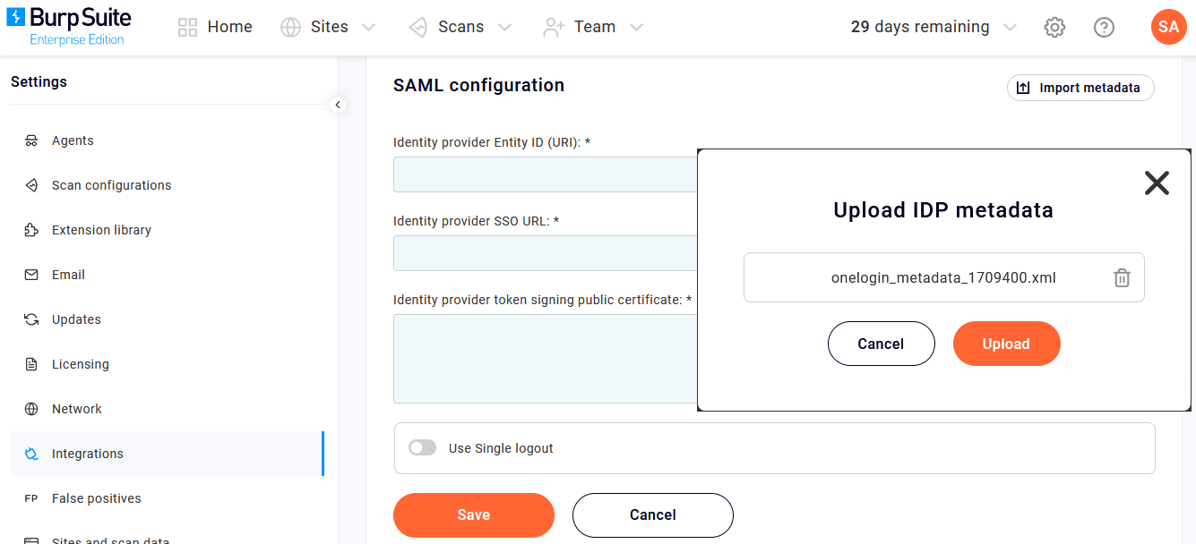 Burp Suite - Upload IDP metadata