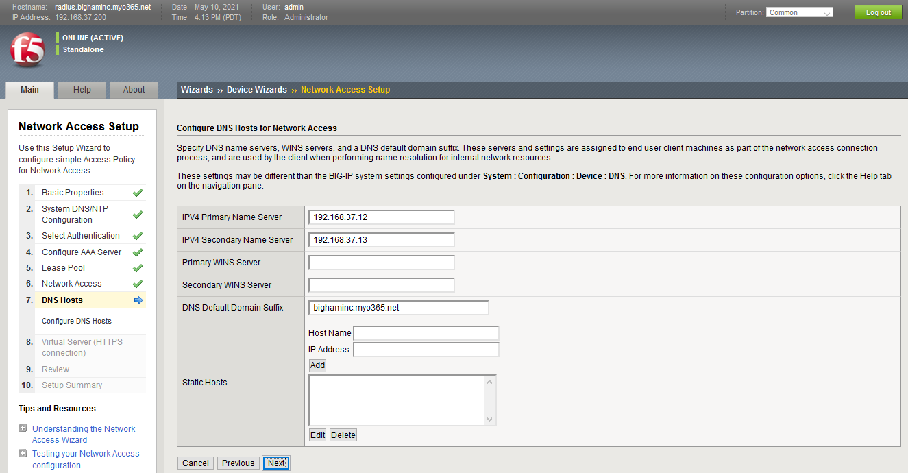 F5 Network Access: Configure DNS Hosts for Network Access