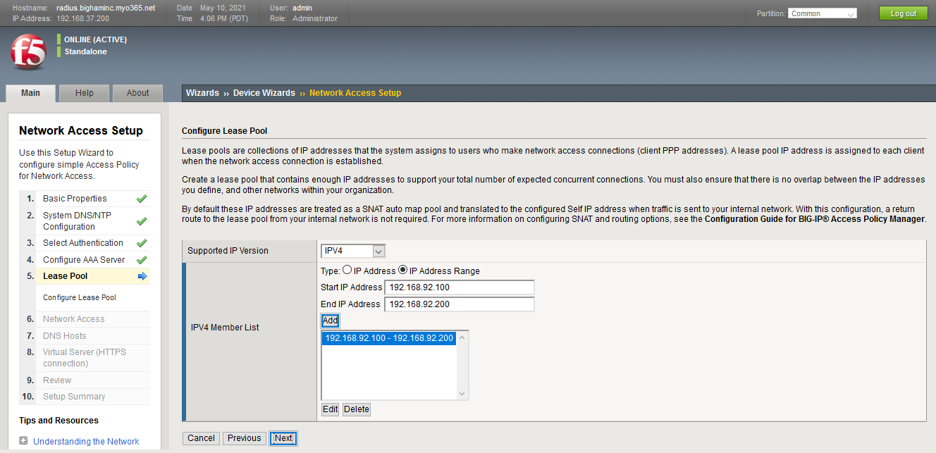 F5 Network Access: Configure Lease Pool