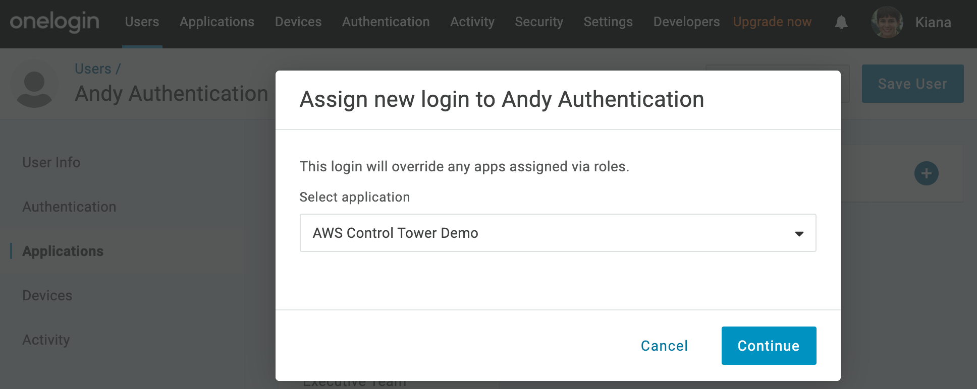 OneLogin - Assign AWS Control Tower Demo (screenshot)