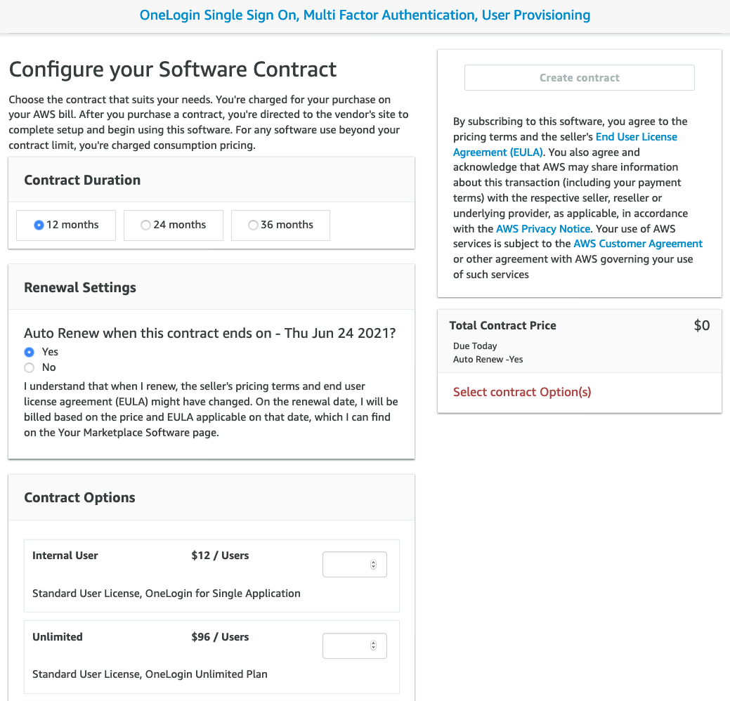 AWS Marketplace - OneLogin Options (screenshot)