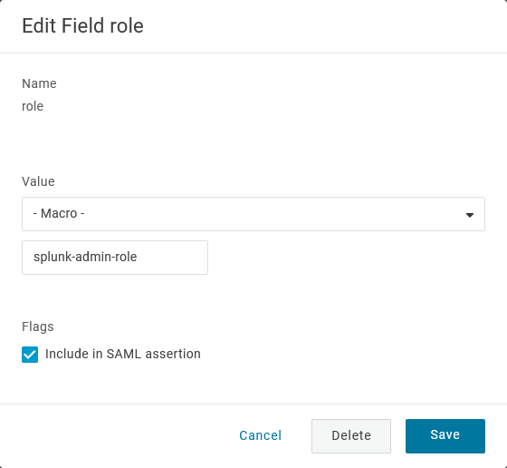Splunk Enterprise SAML Parameters page, Edit Field role